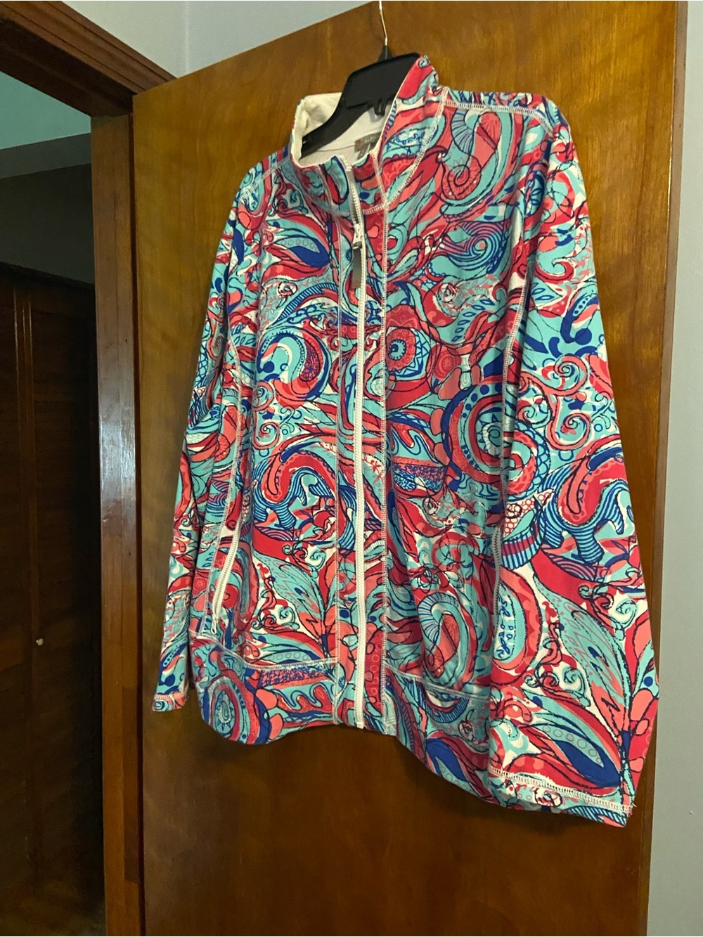 Talbots Coral & Aqua Swirl Print Bomber Jacket
